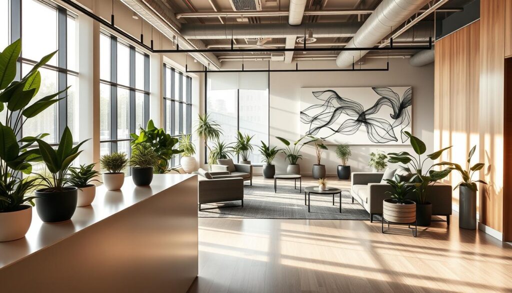 desain interior modern kantor dengan tanaman hias